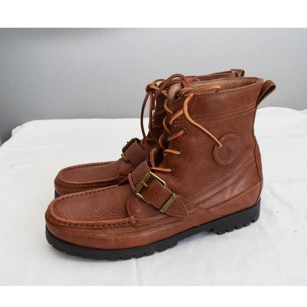 Polo Ralph Lauren Ranger Boots 12 Brown Leather Buckle Moc Toe Mens Preppy